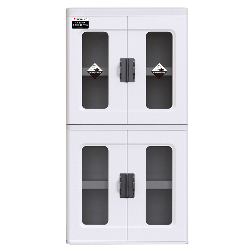 Coffret de sécurité acide laboratoire en polyéthylène, blanc/bleu, quatre portes/avec 4 fenêtres visibles