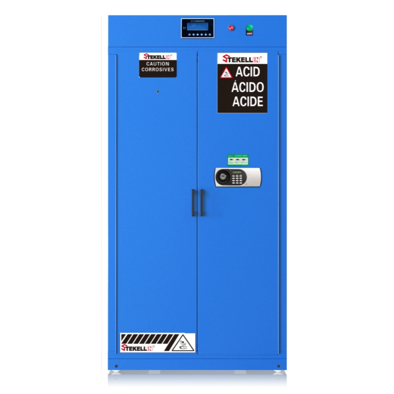Armoires de stockage intelligentes de sécurité de produits chimiques, acier externe, PP intérieur, bleu, largeur 900mm, avec l’alarme